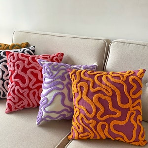 Groovy Punch Needle Pillow Cover,Cosy Decorative Embroidered Cushion Cover,Wavy Aesthetics,Colorful Rug Cushion,Abstract Throw Pillow Cover image 5