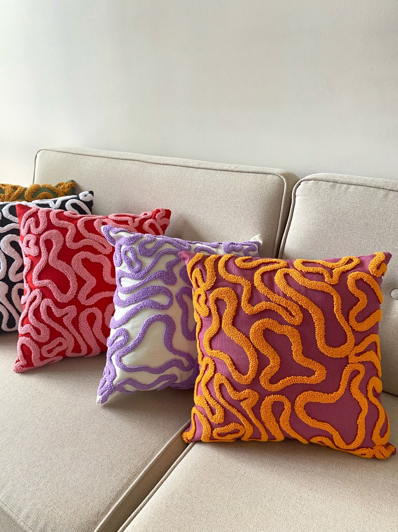 Groovy Punch Needle Pillow Cover,Cosy Decorative Embroidered Cushion Cover,Wavy Aesthetics,Colorful Rug Cushion,Abstract Throw Pillow Cover image 5