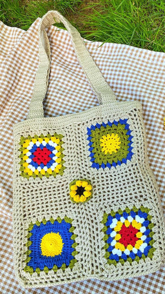 Bolso de ganchillo cuadrado de abuela hecho a mano, bolso tejido a