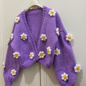Handknit Chunky Daisy Cardigan Embroiderysoft Flower Punch - Etsy