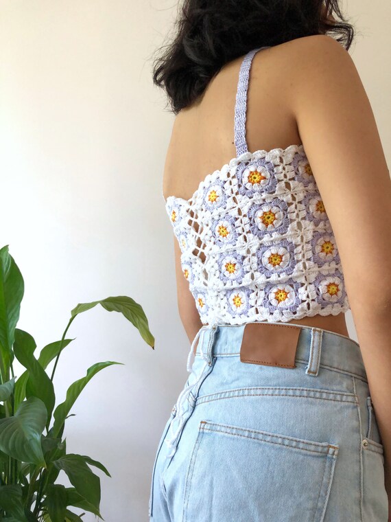 Lilac Crochet Daisy Top,summer Women Square Neck Tank Top