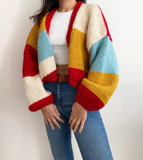 Handknit Chunky Patchwork Cardigan, Soft Women Sweater,handmade