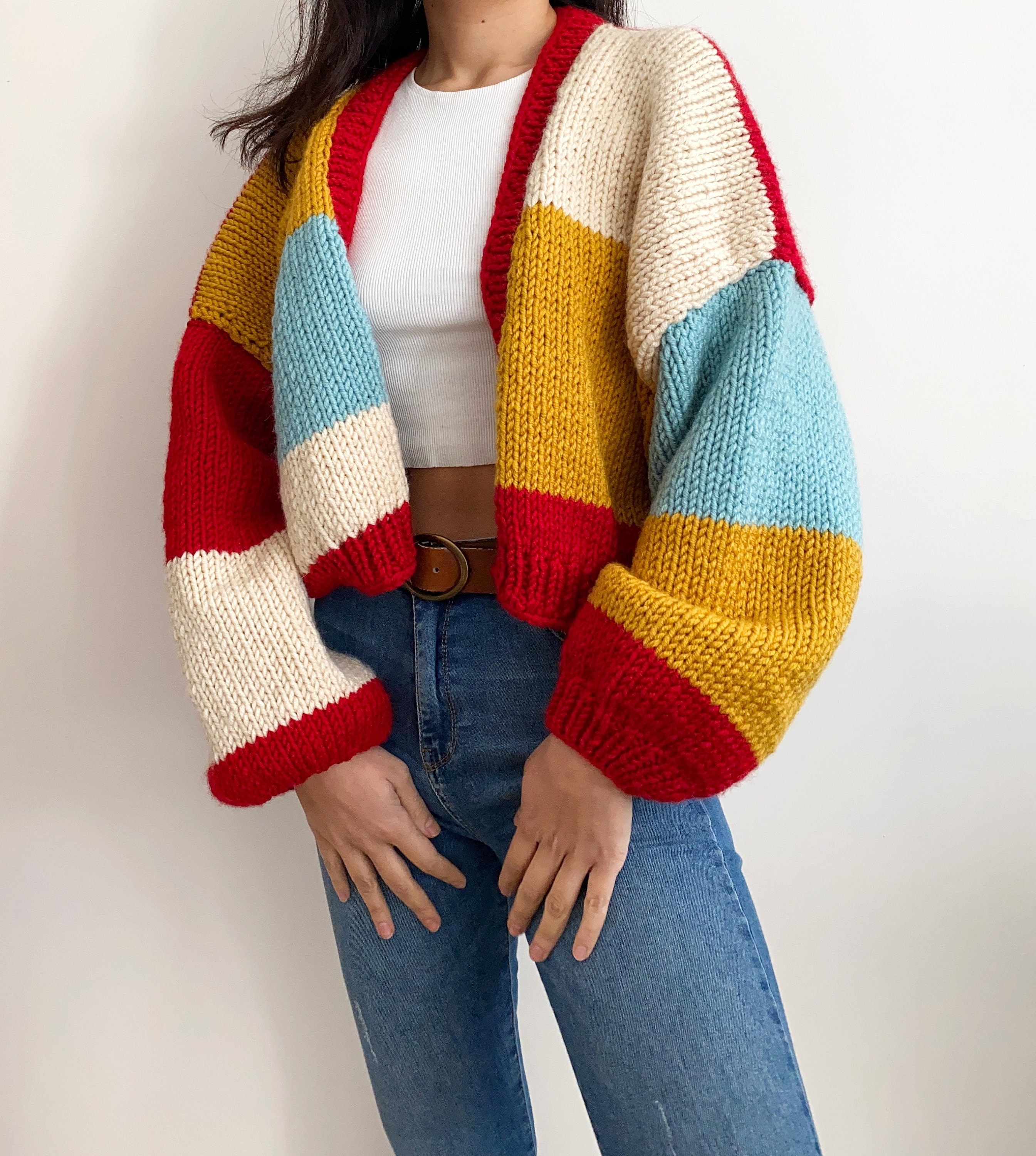 Handknit Chunky Patchwork Cardigan, Soft Women Sweater