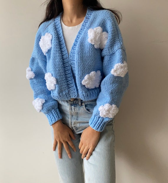 Handknit Chunky Cloud Cardigan Embroidery, Soft Punch Needle Women