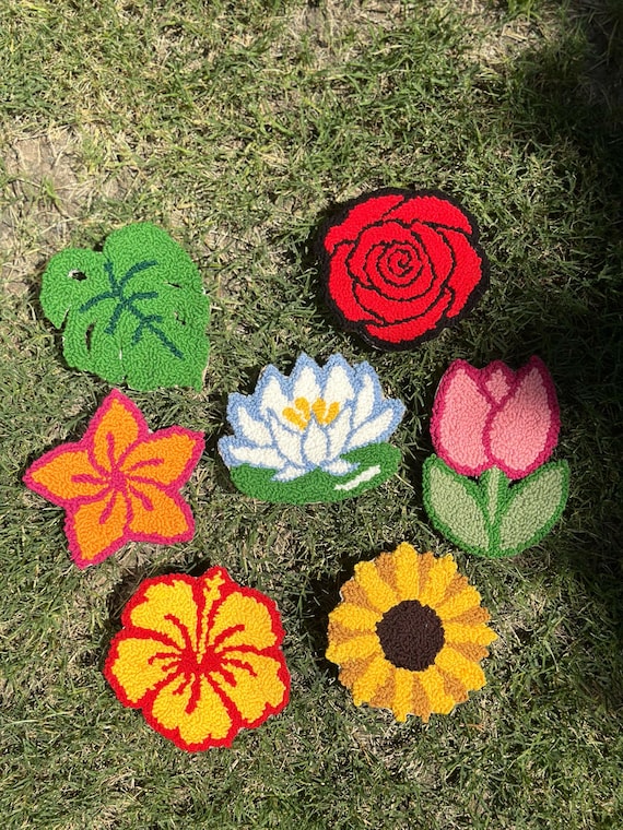 Cute Floral Coffee Table Coaster Set,Punch Needle Flower Mug Rugs,Tufted Tulip Coasters,Dorm Desk Decor,Handmade Rose,Hibiscus Coasters