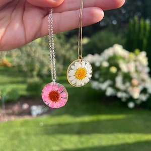 Daisy round pendant necklace, real dried & pressed daisy flower in resin