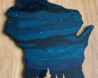 Wisconsin Night sky with pine tree line silhouette - 15 inch, Acrylic on Wood