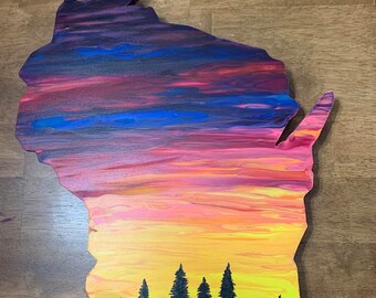 Wisconsin Sunset with pine tree line silhouette - 15 inch, Acrylic on Wood