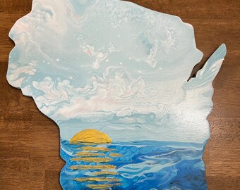 Wisconsin zonsopgang boven het meer - 12 inch, Acryl op hout