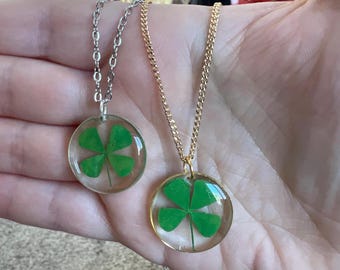 Four leaf clover round pendant necklace, real dried & pressed clover in resin