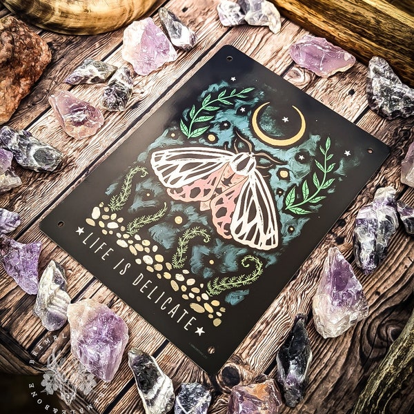 Moth 'Life is delicate' - Small Tin Sign | Spiritual Home Decor for Witches, Pagans, Wiccans and Folk Magic Practitioners | Made in the UK