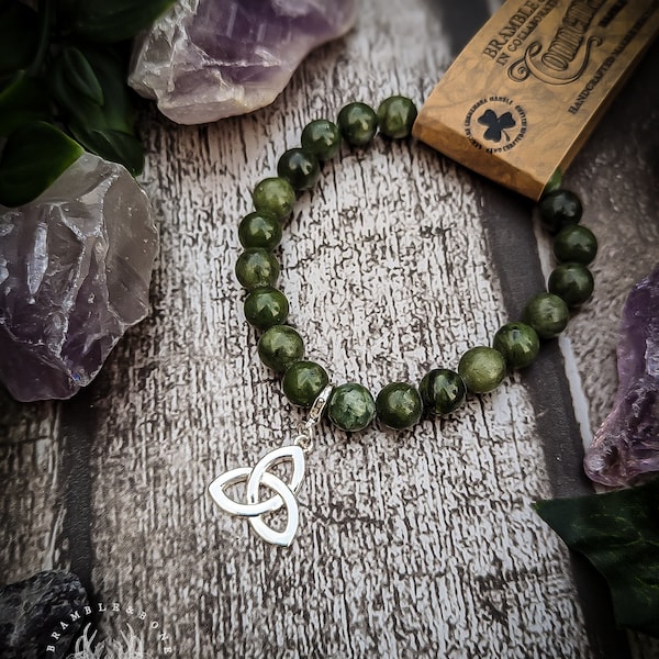 Connemara Marble Bracelet- Trinity Knot Triquetra | Authentic Irish Gem | Jewellery for Witches, Wiccans, Druids, Cunningfolk and Pagans