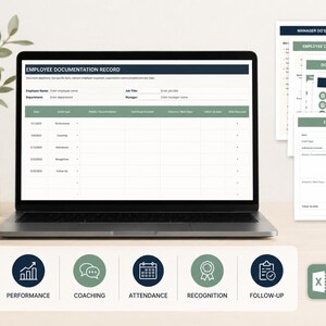 May include: A laptop screen displaying an Employee Documentation Record spreadsheet template with columns for date, event type, and notes. Beside the laptop are several printed document pages and a circular badge stating 7 files included.