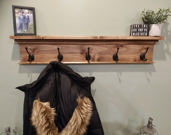 Handcrafted Stained Solid Wood Coat Rack with Shelf, Hooks, Towel Rack, Crown molding, Entryway, Foyer, Mudroom,  Wall Mounted Rack