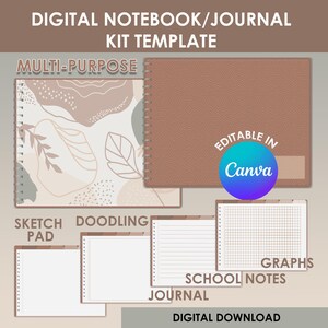 May include: Digital notebook and journal kit template with a brown leather cover and a variety of pages including a sketch pad, doodling pages, lined journal pages, graph paper, and school notes pages. The template is editable in Canva.