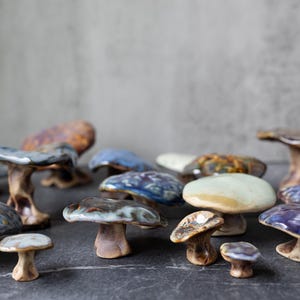 Pode incluir: Uma coleção de figuras de cogumelos de cerâmica em vários tamanhos e cores. Os cogumelos têm chapéus esmaltados em tons de azul, castanho e branco, com caules texturizados. As figuras estão dispostas numa superfície escura.