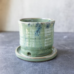 Small Pottery Plant Pot // Handmade Pottery Planter with Drainage Holes and Attached Saucer