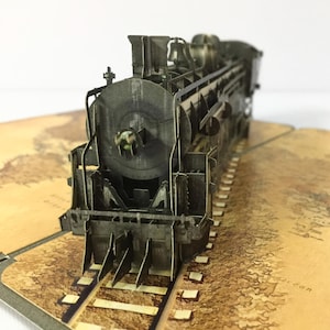 3D pop-up vintage stoomtrein hoofd wenskaart, recycle papieren kaart, milieuvriendelijke stoommachine, cadeau voor treinliefhebber, handgemaakte kunst