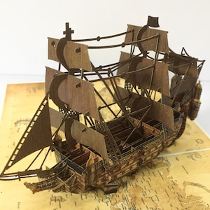 3D pop-up wenskaart vintage zeilschip, houtkleur zeilbootkaart, verjaardagskaart, wenskaart, Vaderdagcadeau, 3D-kaart