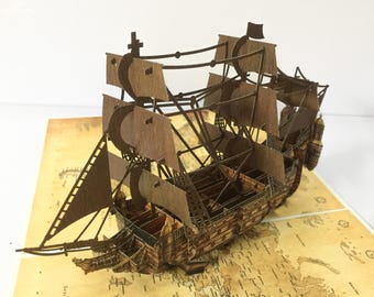 Biglietto d'auguri pop-up 3D con veliero d'epoca, biglietto con barca a vela color legno, biglietto di compleanno, biglietto di auguri per le feste, regalo per la festa del papà, biglietto 3D
