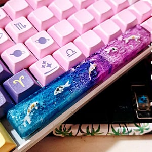 Koi Fish Space Bar, Purple And Blue Lake Fish Koi Keycaps, Spacebar Keycap Handmade, Artisan Resin Keycap, Spacebar Nature Keycap, MX Cherry