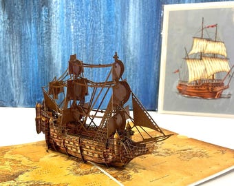 3D Pop Up Greeting Card Vintage Sailing Ship, Wood color Sailing Boat Card, Birthday Card, Holiday Greeting Card, Fathers day gift
