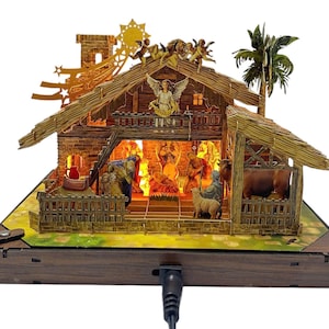 Tarjeta navideña emergente de madera 3D con LED, tarjeta de belén emergente de madera con luz, tarjeta emergente sorpresa para niños, regalo de inauguración de la casa para abuelos