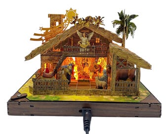 Biglietto di auguri natalizio 3D in legno con presepe pop-up e luce LED.
