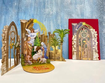Carte de voeux pop-up 3D Famille Nativité, Carte de Noël pop-up Nativité artisanale, Carte de Noël religieuse, Carte 3D catholique
