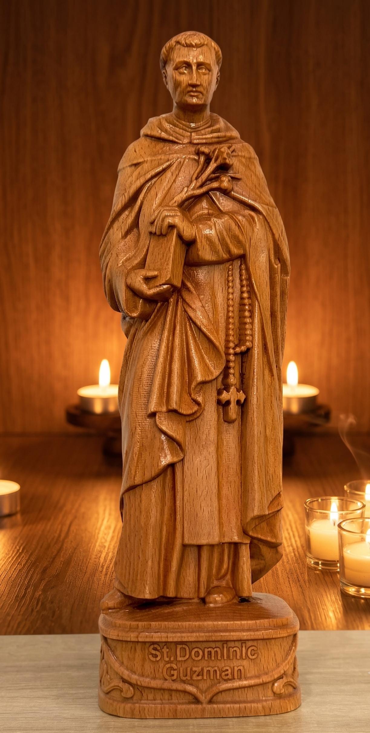 Saint Dominic Wooden Statue Catholic Altar Religious Gift Christian Home Decor Dominican Priest Rosary Sculpture Art