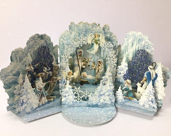 Biglietto di auguri pop-up natalizio con natività invernale fatto a mano, biglietto di auguri pop-up 3D fatto a mano con tema natalizio bianco, famiglia della natività con ghiacciai
