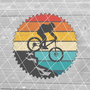 SVG - Mountain Biker che salta giù dalla roccia, retrò, in difficoltà, corona, vettoriale, download digitale per Cricut (svg, pdf, png, file jpg)