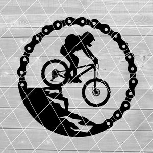 SVG - Mountain Biker che salta dalla caduta di roccia, Design circolare, Catena per bici, Vettore, Download digitale per Cricut (file SVG, PDF, PNG, jpg)