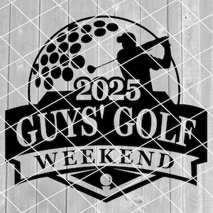 May include: Black and white silhouette of a golfer with a golf ball and the text "2025 Guys' Golf Weekend" on a black banner.
