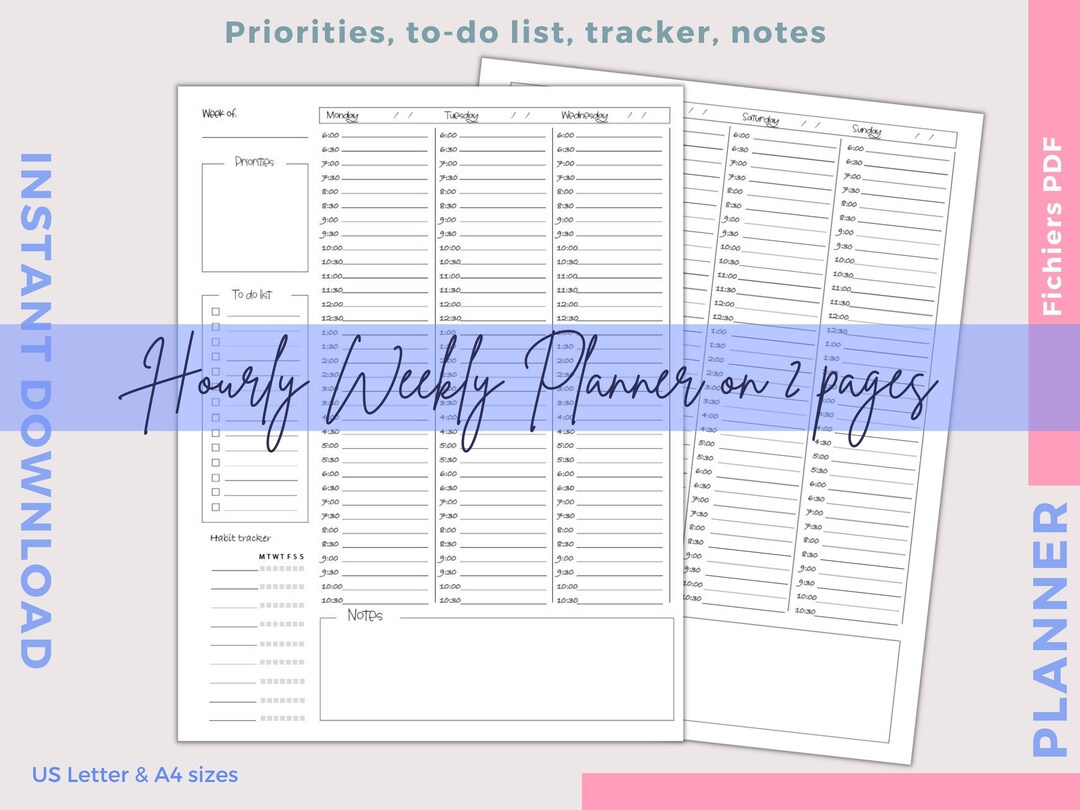 Hourly Weekly Planner Printable: Schedule Template (US Letter & A4 ...