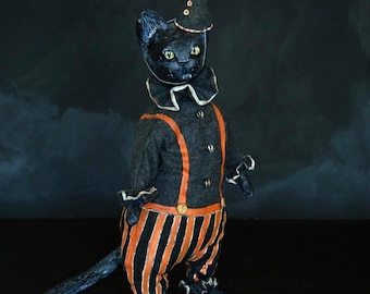 Black Cat Circus Art Doll: Handmade Gothic Halloween Decor