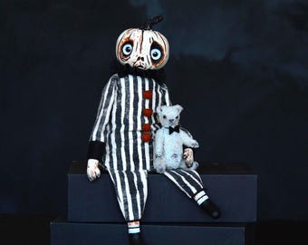 OOAK Handmade Pumpkin Head Art Doll with Viscose Teddy: Halloween Decor