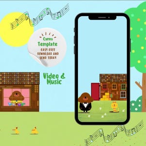 Puede incluir: Ilustración digital con un smartphone que muestra una escena de dibujos animados con una casa y personajes. La imagen incluye el texto "Canva Template" y "Video & Music". También hay notas musicales y un sol amarillo.
