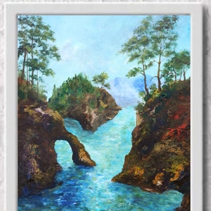 Arch rock painting Seascape and mountain impasto artwork Pine trees textured oil painting