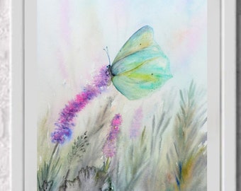 Lavender butterfly painting original Watercolor Tuscany lavender handmade painting 8 by 11.5 inches