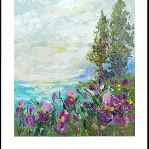 Pintura de paisagem marinha de íris Arte em impasto de flores em montanha Pintura a óleo texturizada