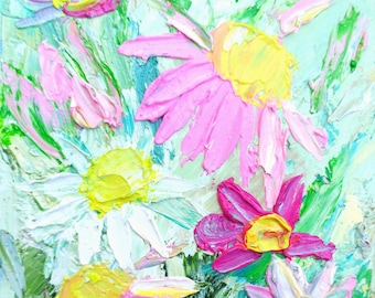 Daisy painting, Handmade impasto original oil flower painting