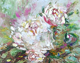 Peony oil painting original White pink  peony bouquet neutral colours wall art Still life oil painting original impasto