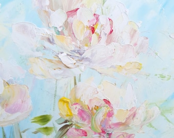 Wild peony painting original Flowers near pond oil painting Blooming meadow handmade artwork