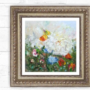 Pintura de papoula e peônia, centáurea, arte texturizada de flores de jardim com botões e pétalas floridas, espátula de óleo quadrada, pintura original