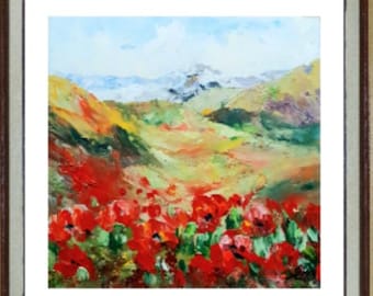 Californian poppy painting original Mountain landscape painting with blooming orange red and yellow poppies, Landscape artwork square floral