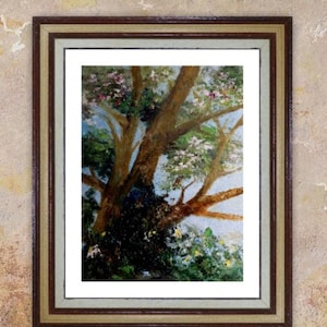Big tree painting original Small bird on blooming old tree oil painting handmade for home warming decor Gift for nature lovers