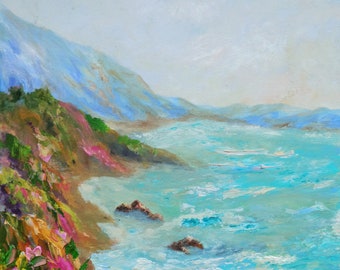 Seaside seascape painting Flower mountain impasto artwork Textured oil painting Gifts for her underwear 50 dollars