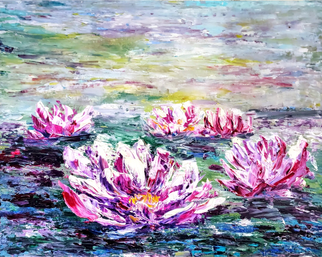 Water Lily Painting Original Monet Pond With Flowers Colorful Oil ...