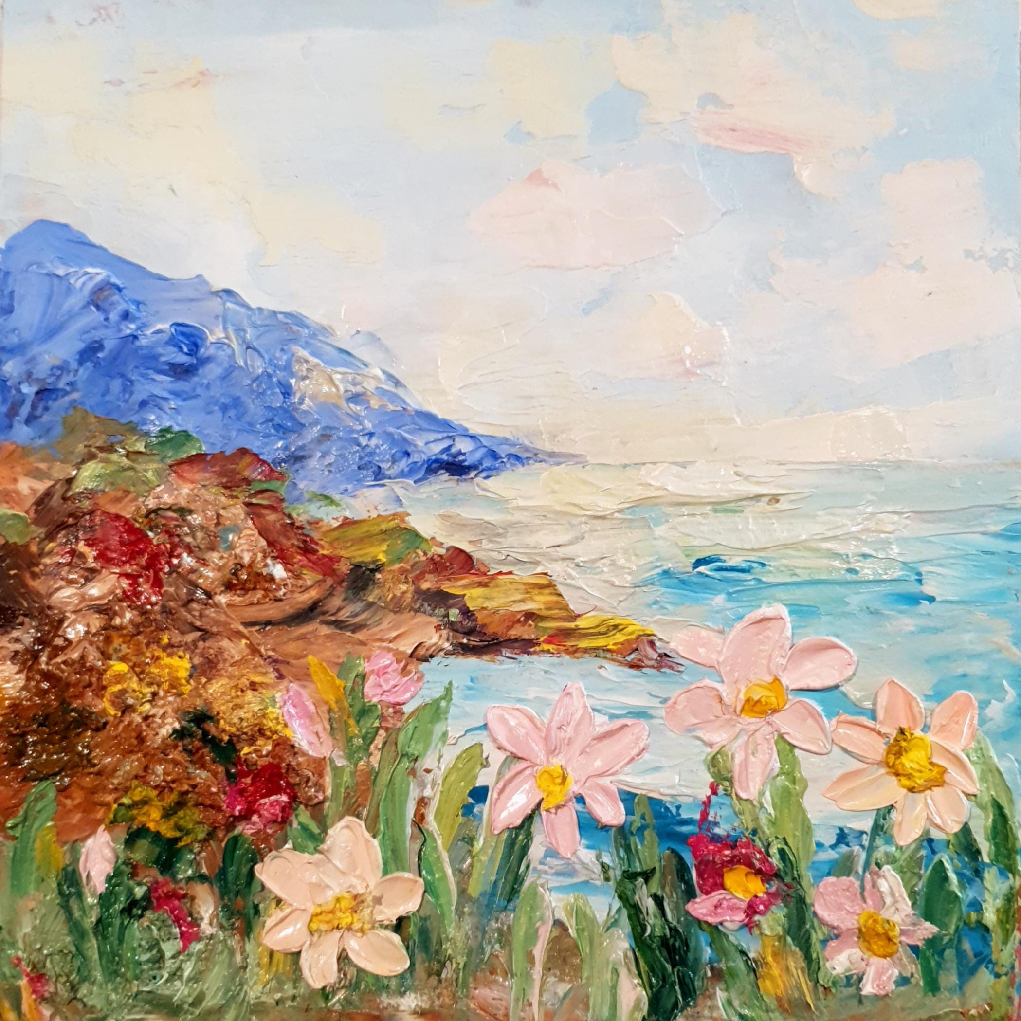 Seascape painting, Handmade impasto original oil flower painting